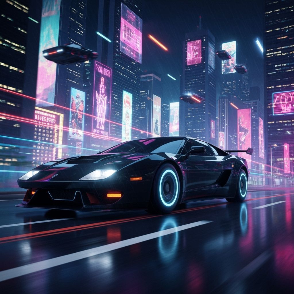 Futuristic Car Speeds Through Neon Cityscape
