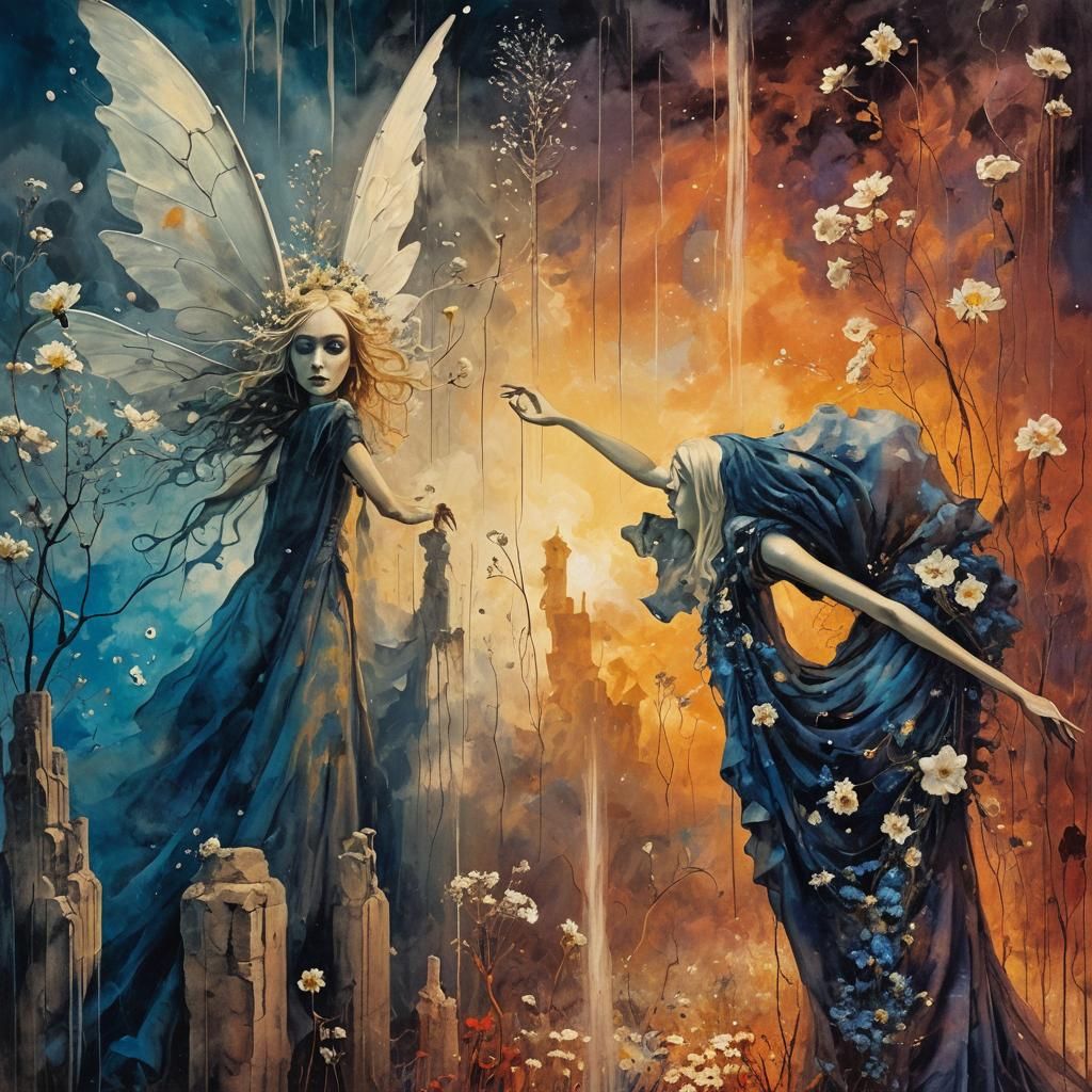 Surreal Fairy in Stormy Landscape: Fauvist Expressionism