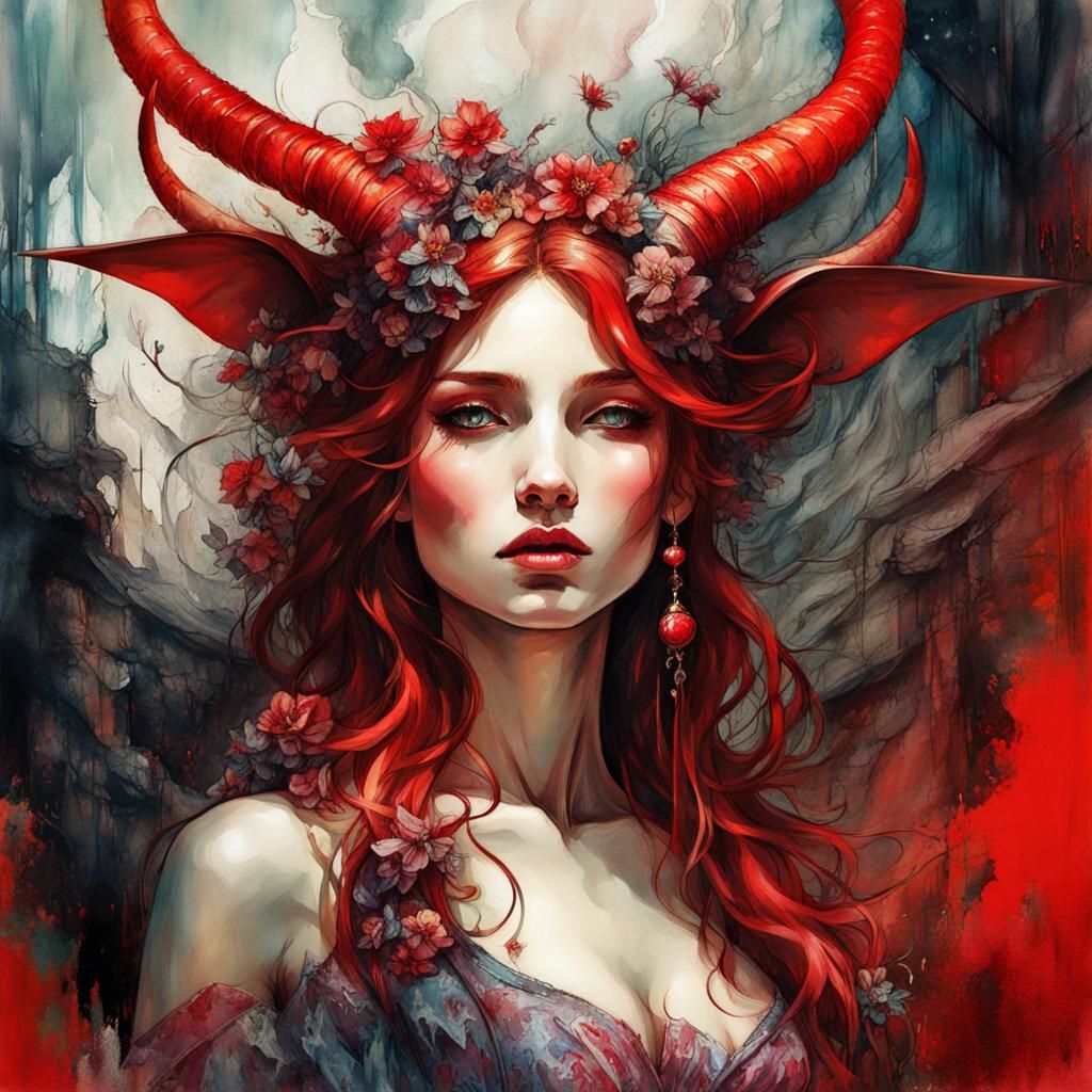 Red Devil Nymph in Hell, Digital Watercolor Art
