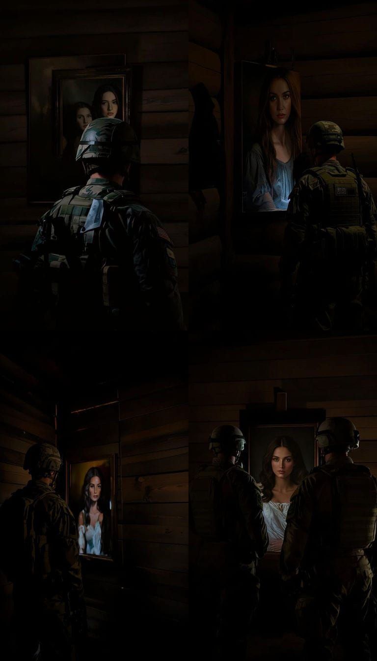 Soldier Views Oil Portrait of Woman in Bunker