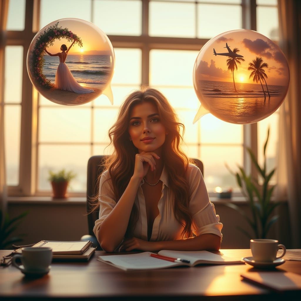 Secretary's Dreamy Office Scene With Floating Fantasies