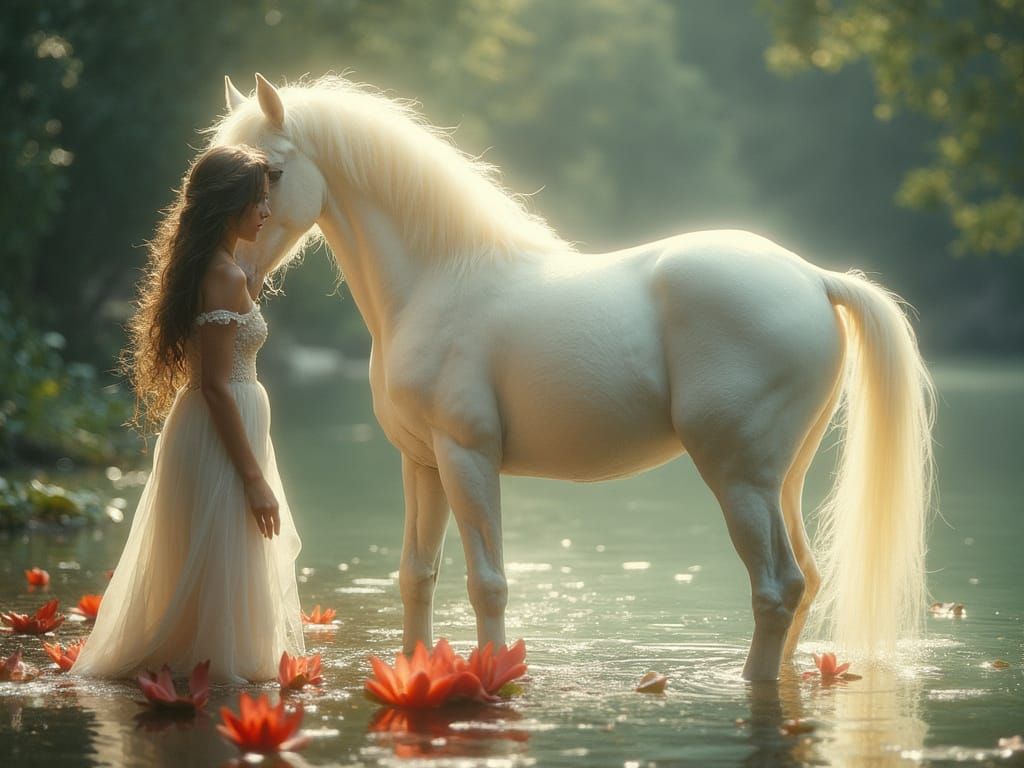 Enchanted Water Nymph Meets a Glowing White Horse