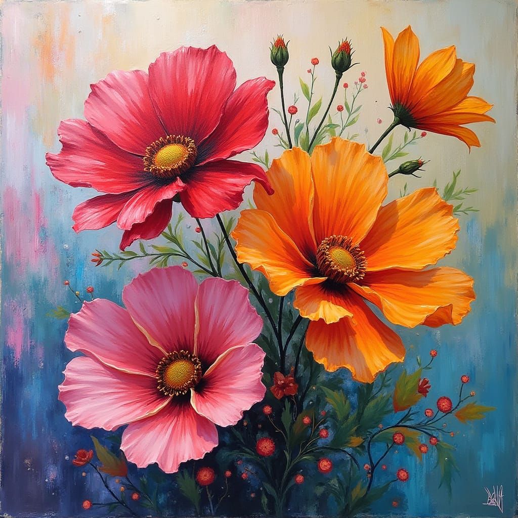 Vibrant Flowers in Mixed Media Surrealist Style