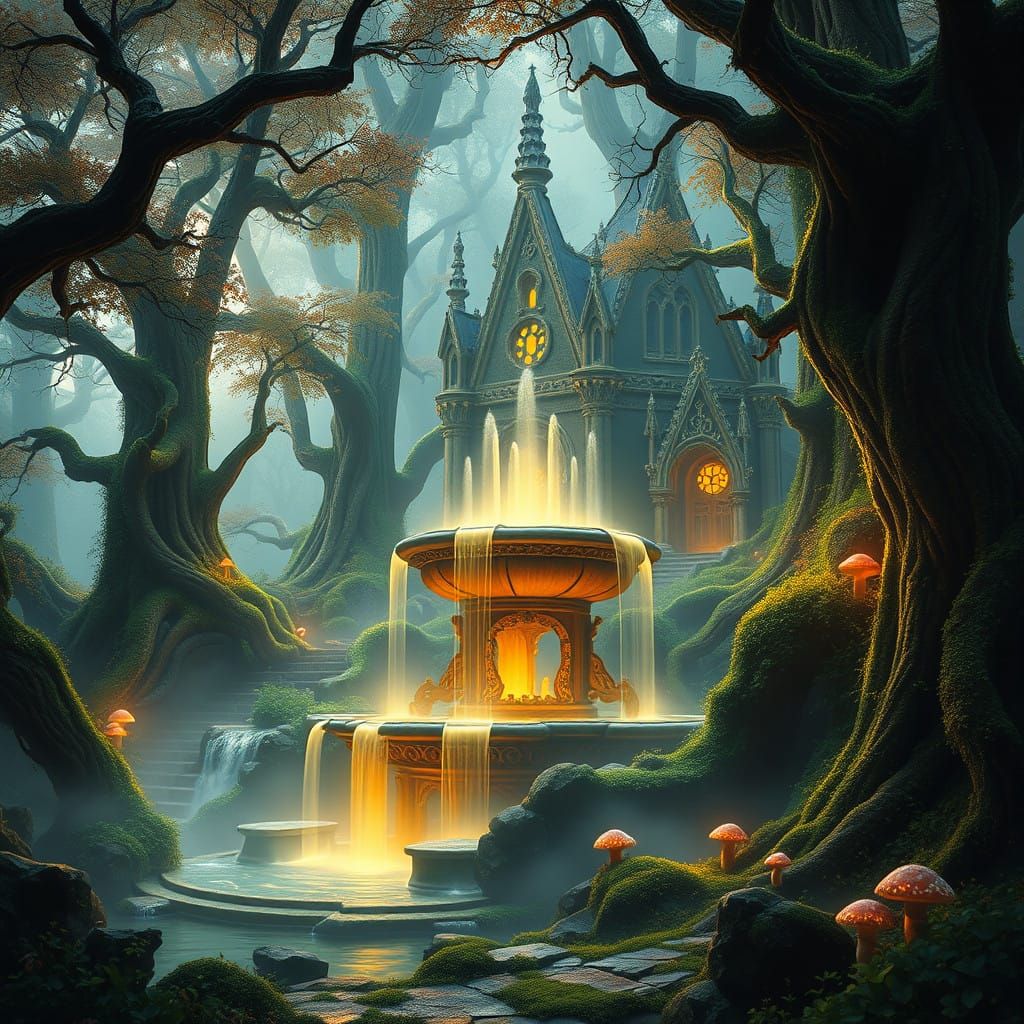 Ethereal Magic Fountain of Brocéliande in Vibrant Forest