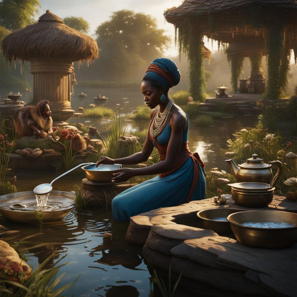 African Woman Washing Dishes: Detailed Fantasy Art