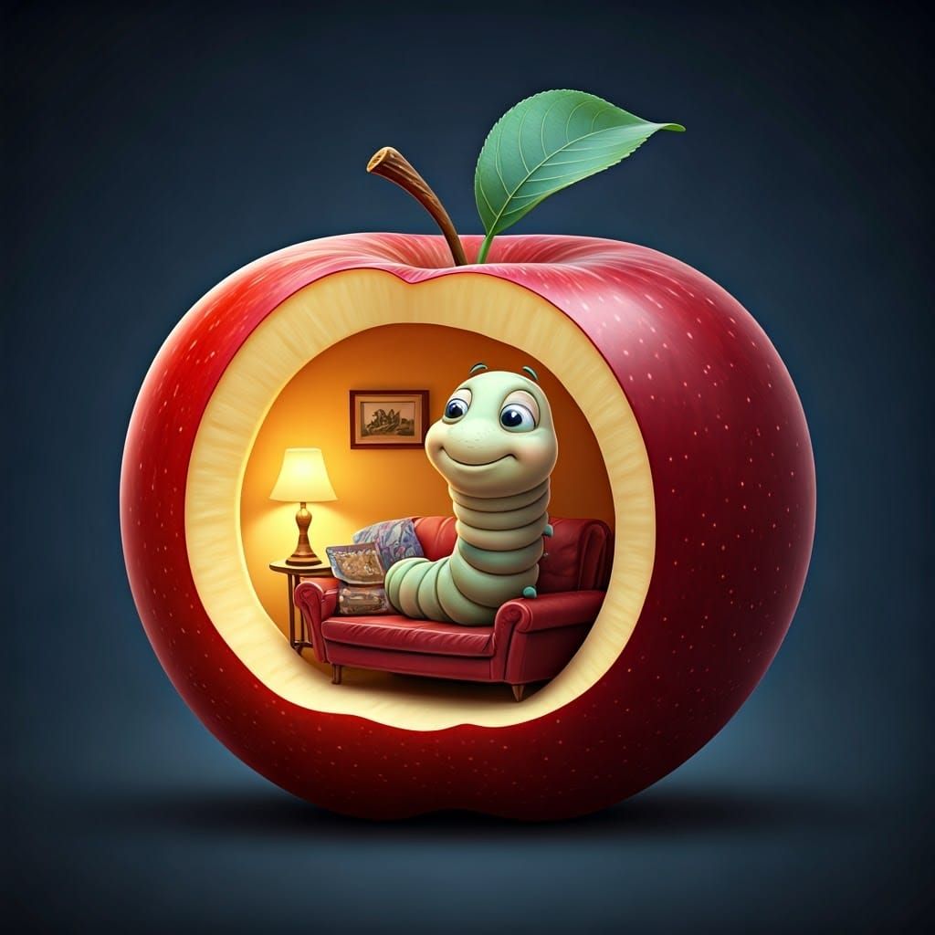 Cartoon Worm in Apple Home, 3D Render