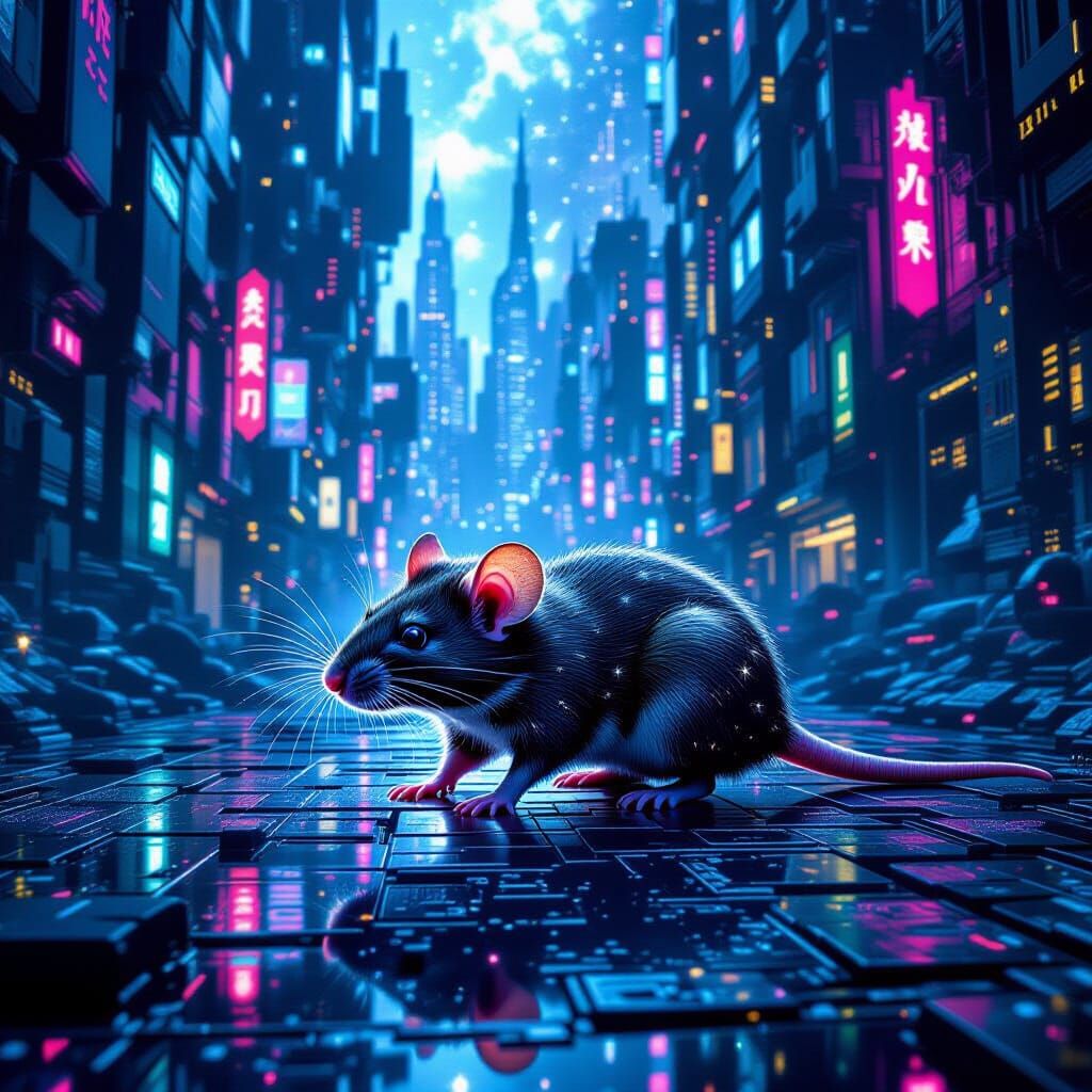 Celestial Rat Explores Neon Cityscape