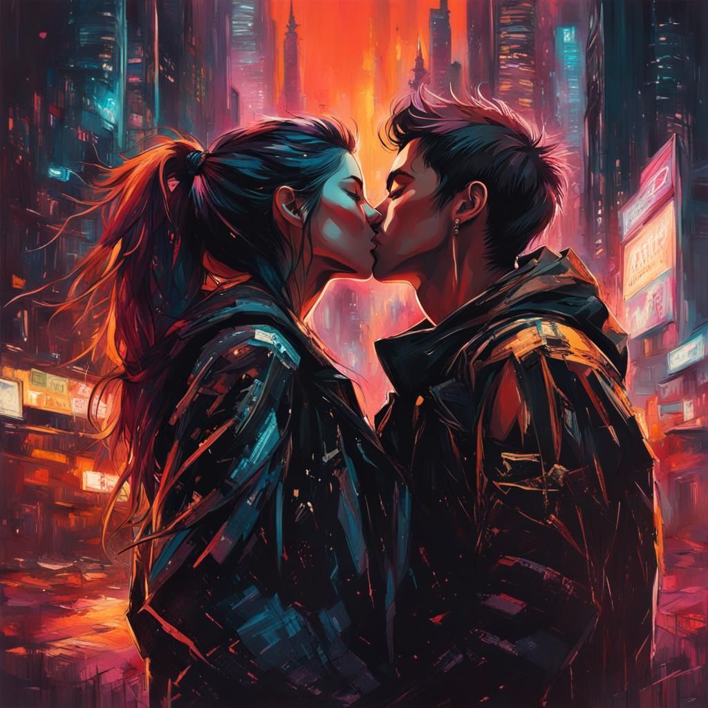 Romantic Cyberpunk Lovers Kissing in Cityscape