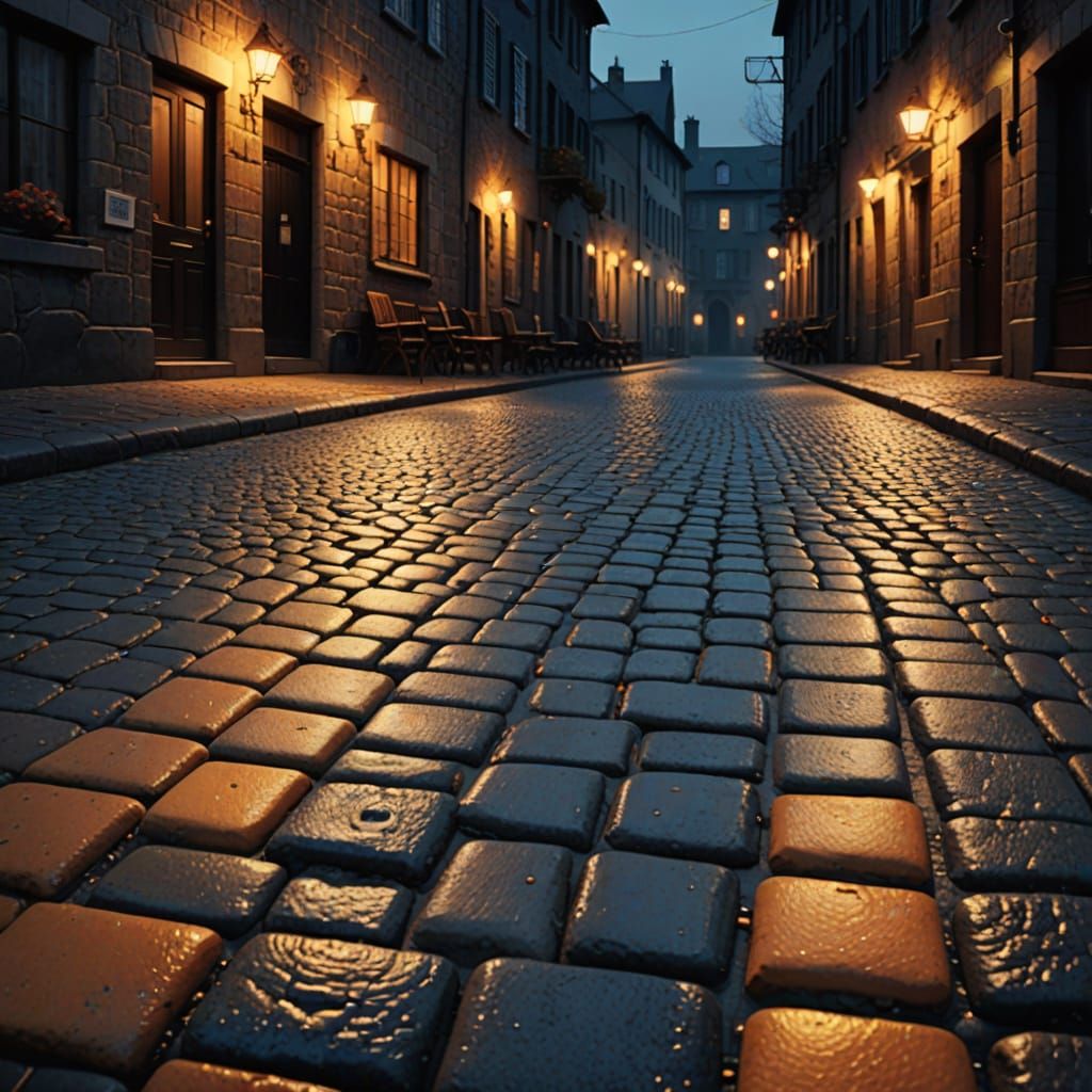 Cobblestone Berth in Street Lamp Glow: Digital Art