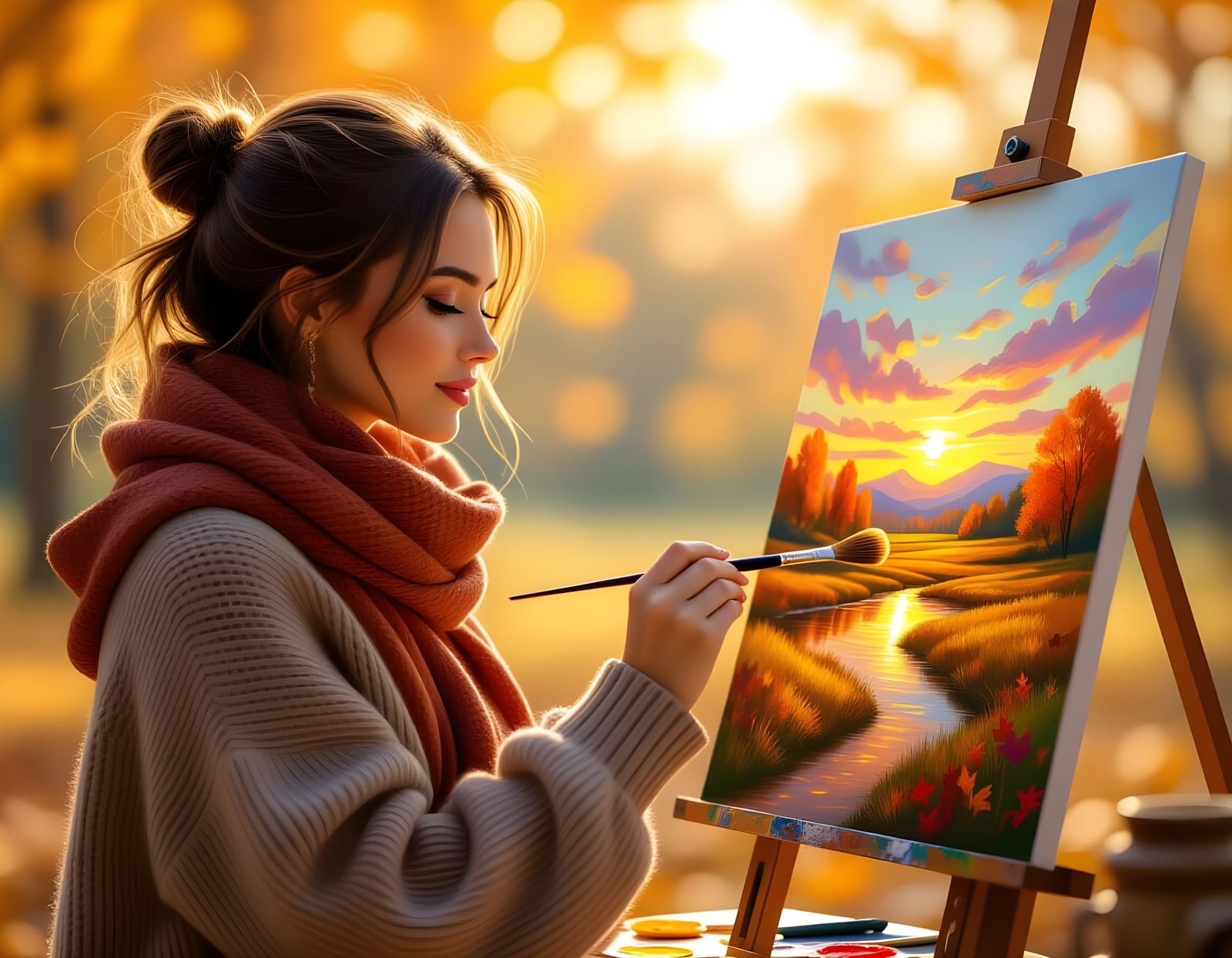 Autumn Woman Paints a Colorful Landscape: Hyperrealistic Art
