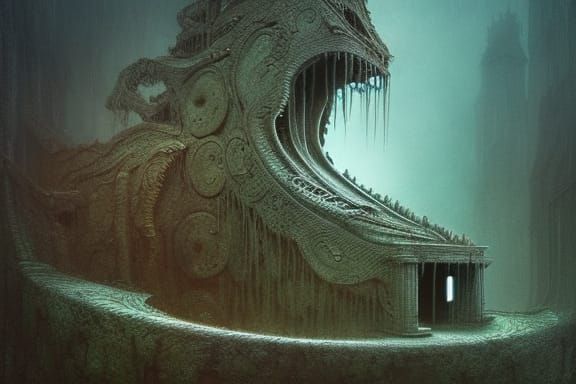 Haunted Labyrinth House: Beksinski-Inspired Horror Artwork