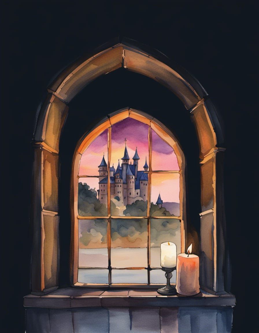Castle Window Candle: Elegant Watercolor Twilight