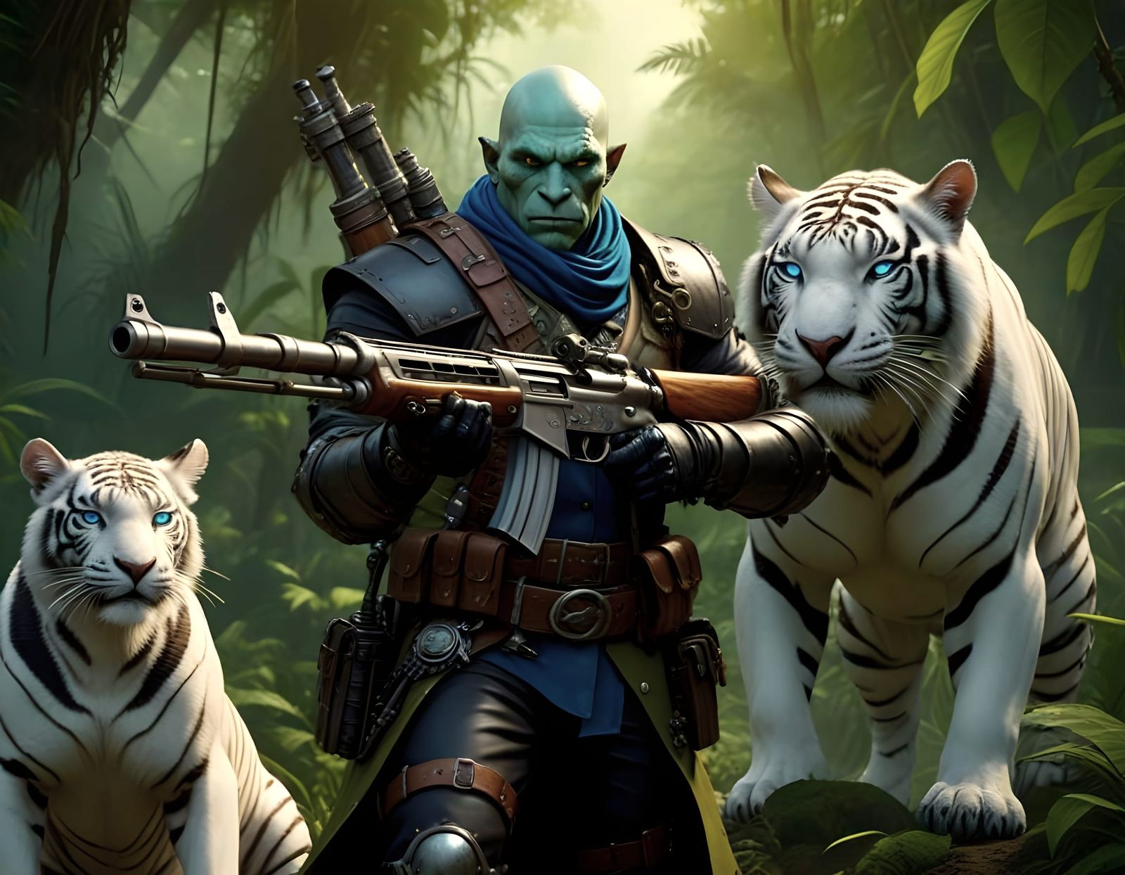 Orc Hunter and Tiger Companions in Jungle, Fantasy Art