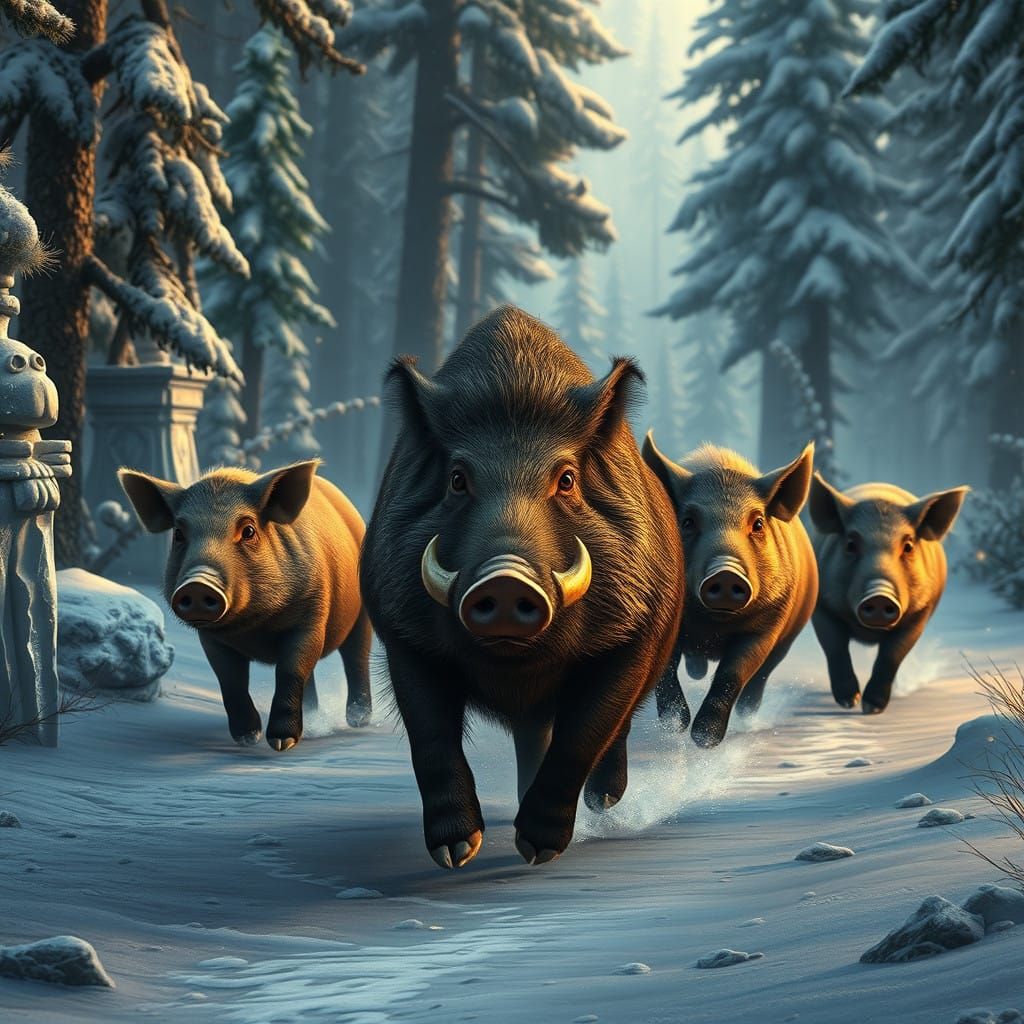 Majestic Wild Boar and Family Speed Through Icy Forest Lands...