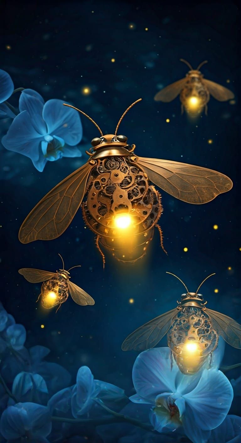 Clockwork Fireflies Over Bioluminescent Orchids in Digital A...