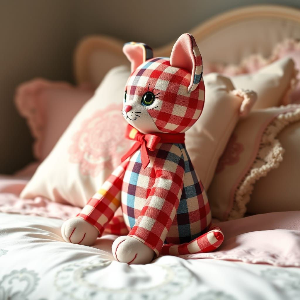 Gingham Print Fabric Cat Plushie in Charming Cinematic Style