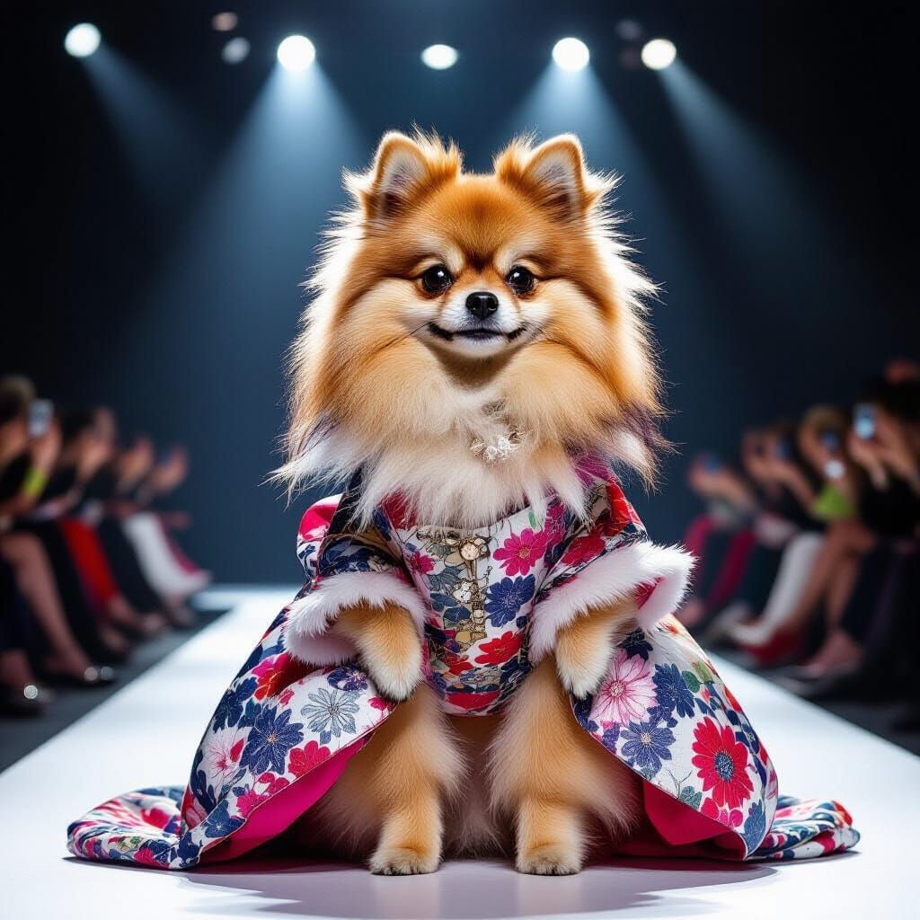 Pomeranian Dog in Avant-Garde Fashion on Parisian Runway