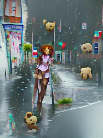 Anime Girl with Teddy Bear in Rainy Street