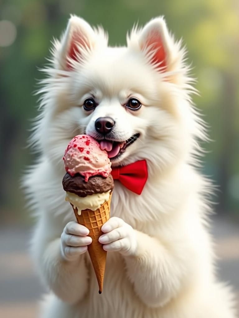 Pomeranian Dog Licking Melting Ice Cream, Impressionist Styl...