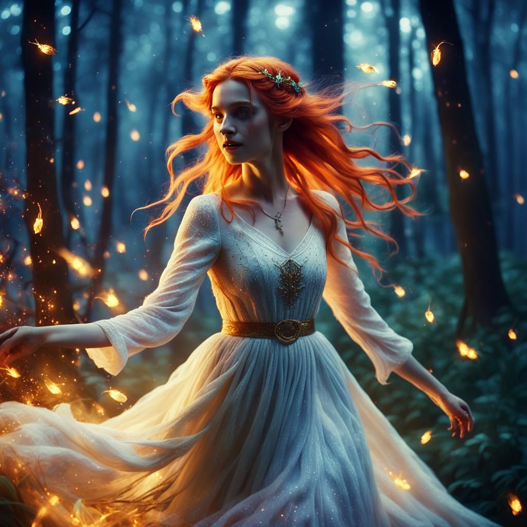 Fiery Haired Elf Dances in Forest at Night