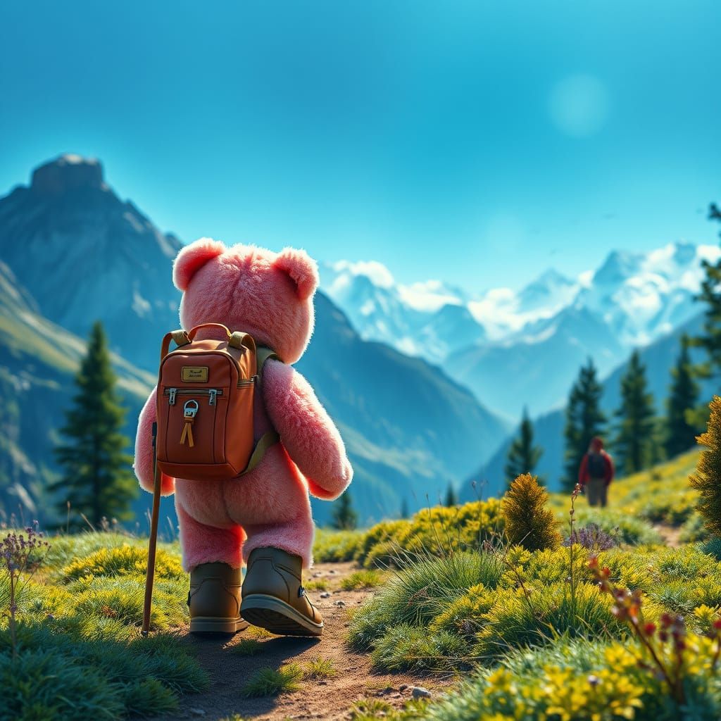 Teddy Bear Hiking Adventure in Cinematic Watercolor Style
