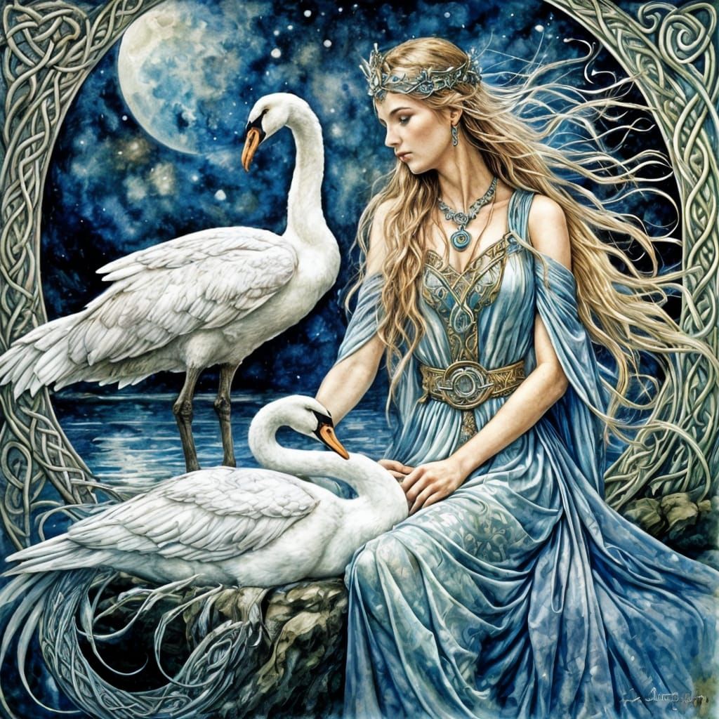 Celtic Dream Goddess with Swan in Watercolor Style