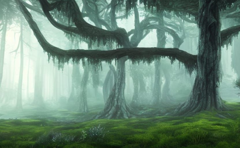 Majestic Yew Tree Dissolving into Fractal Iridescence