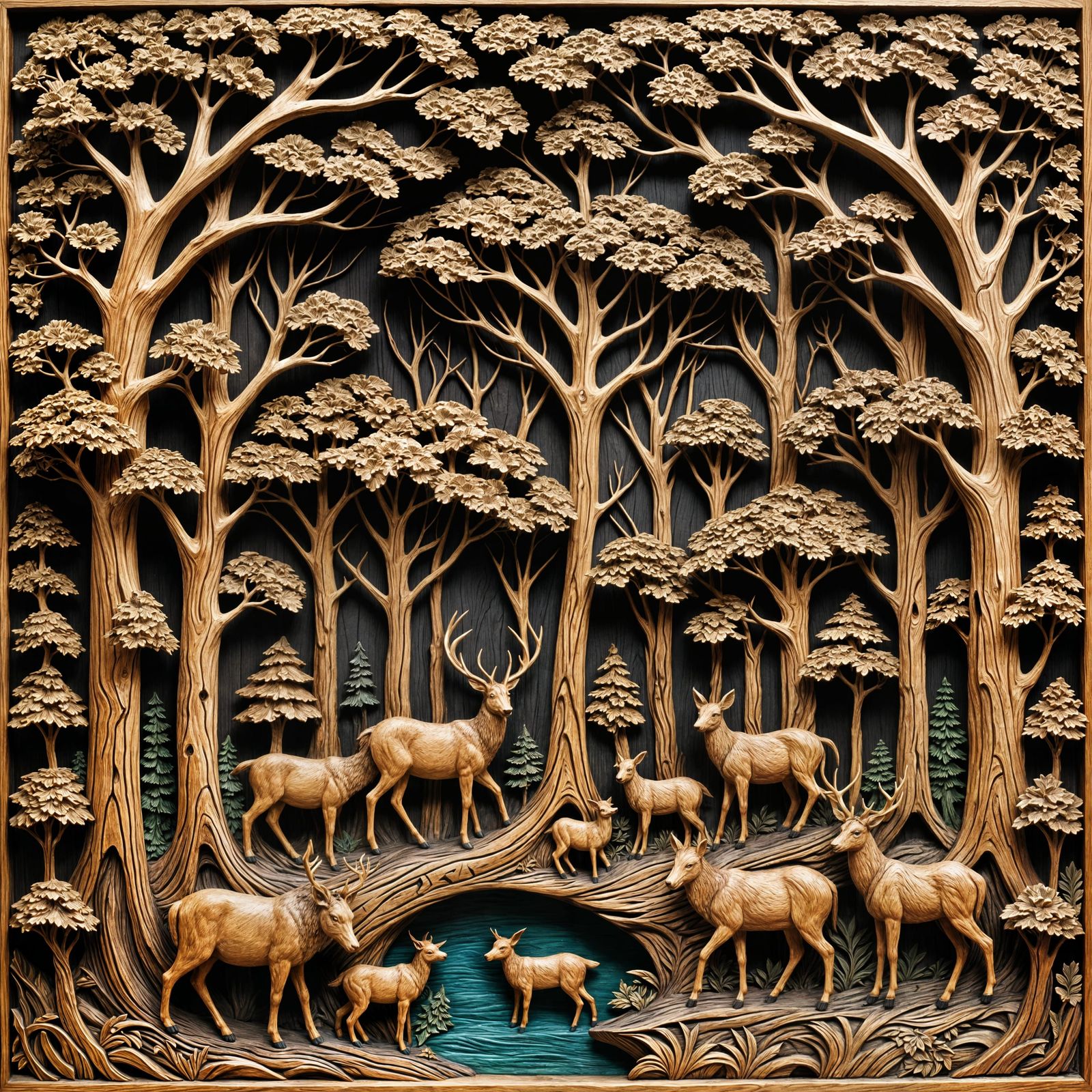 Forest scene wood carving