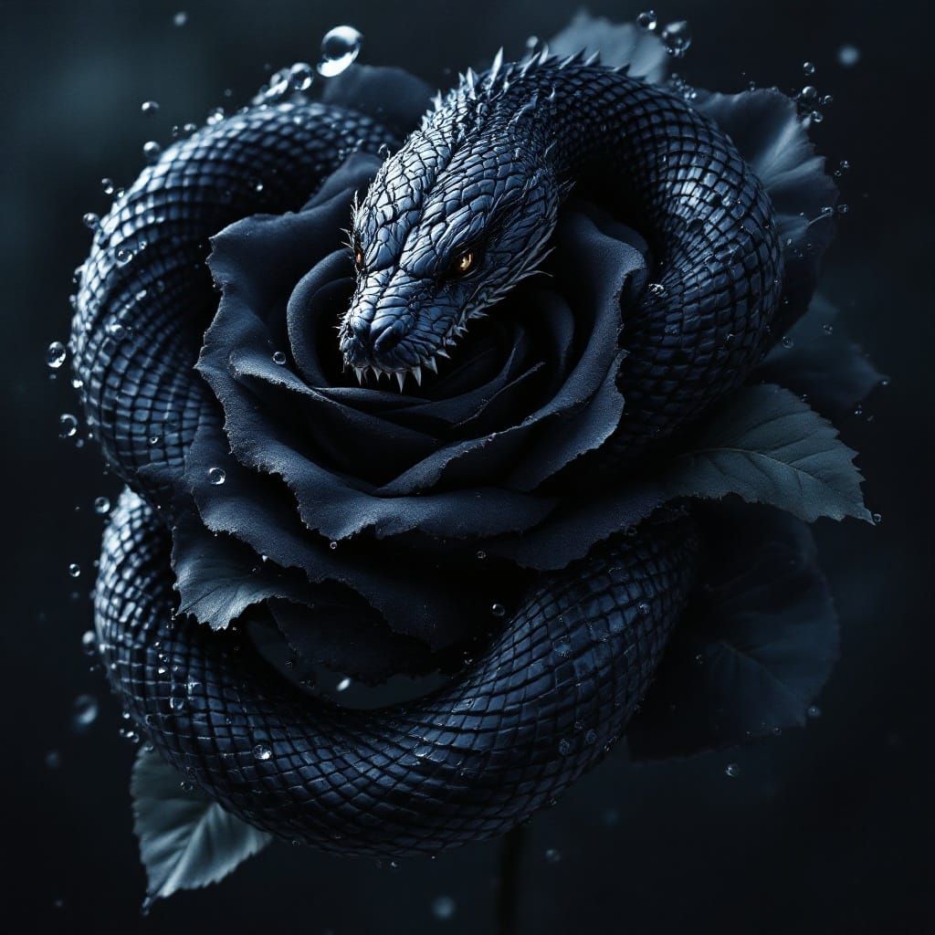 Dark Fantasy Snake Encircles Black Rose