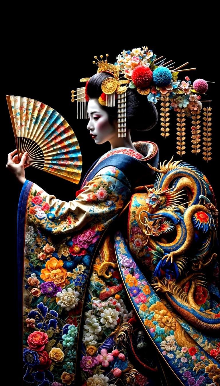 Ethereal Geisha in Hypermaximalistic Kimono