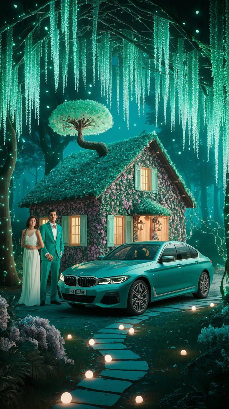 Twilight Jade Vine Forest Scene in Enchanting Cyberpunk Styl...