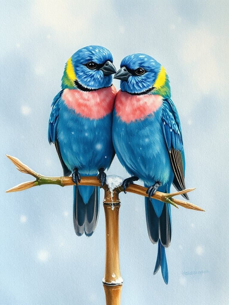 Lovebirds on Bamboo in Watercolour Style