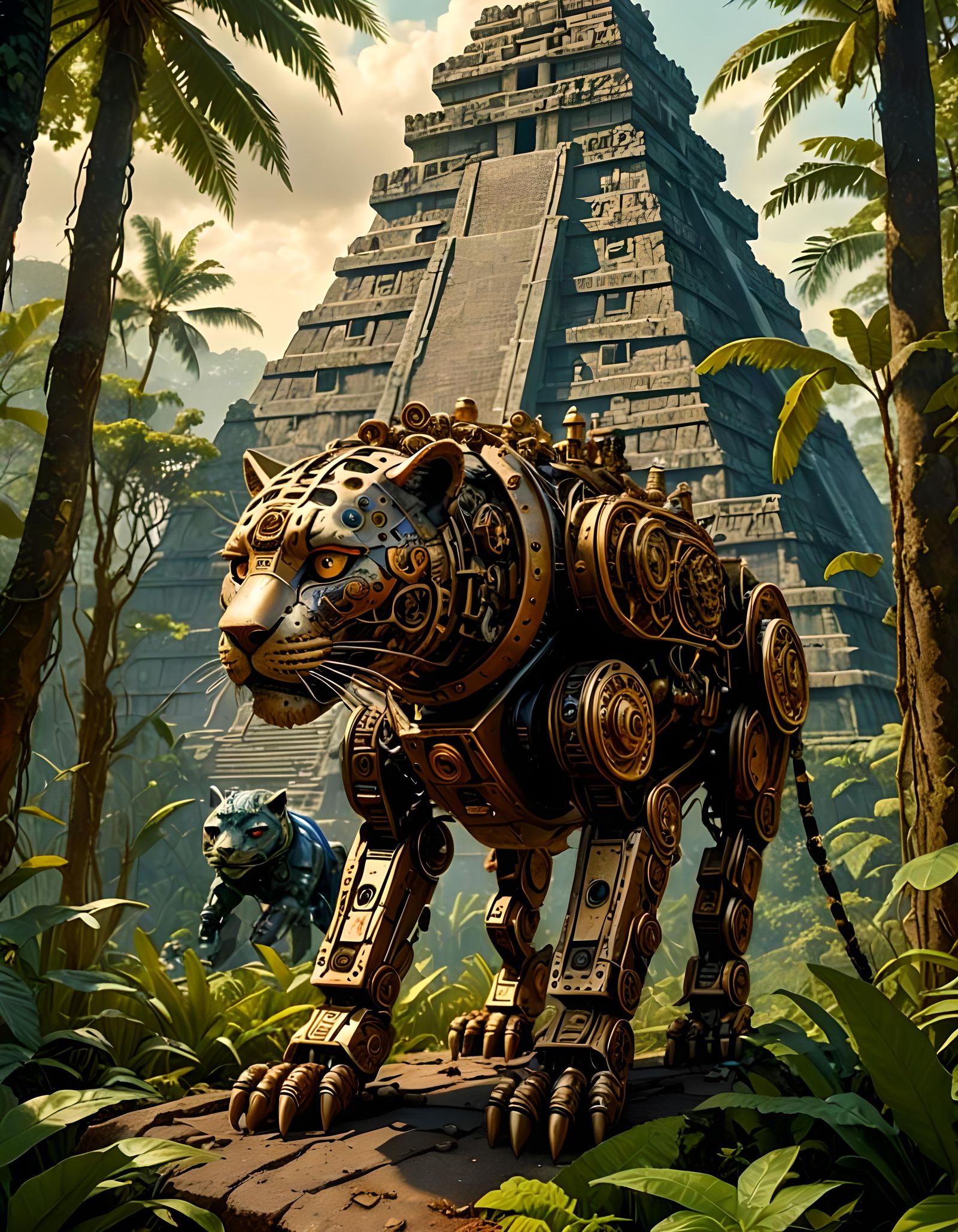 Steampunk Robot Jaguar Prowls Jungle, Hyperrealistic 8K