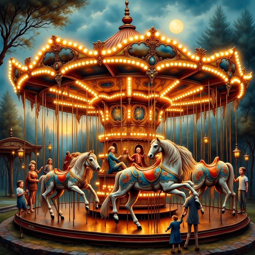 Vintage Carousel at Dusk in Antique Watercolor Style