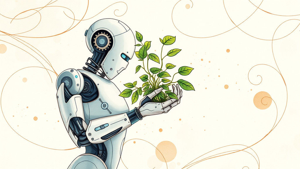 Robotic Arm Cradles Plant in Watercolor Style