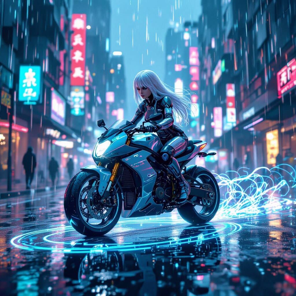Cyberpunk Cityscape with Cyborg Girl on Bike