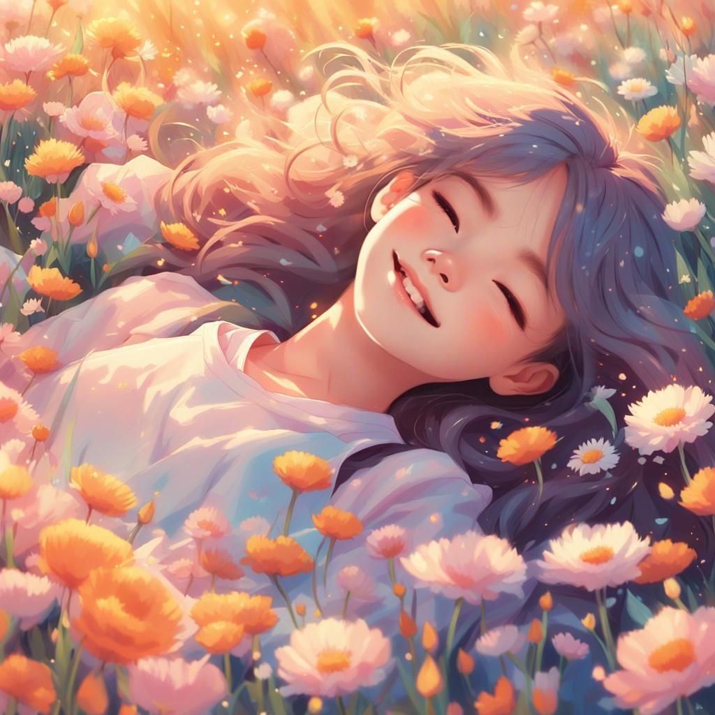 Joyful Girl in Flower Field, Anime Style