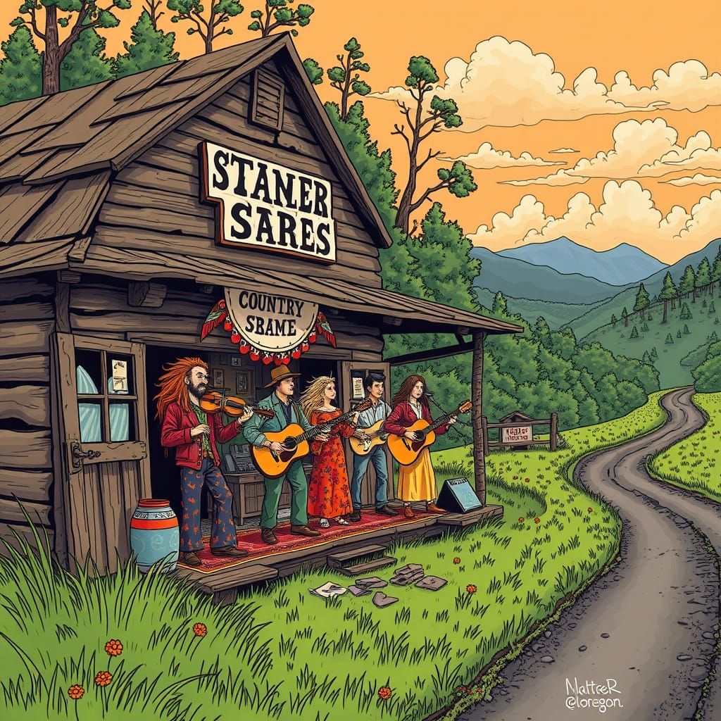 Vibrant Country Store Scene in Whimsical Lowbrow Style