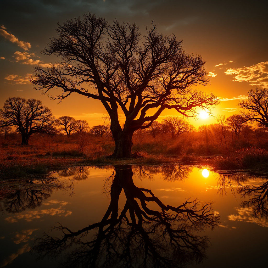 Okavango Reflection at Sunset in Warm Light