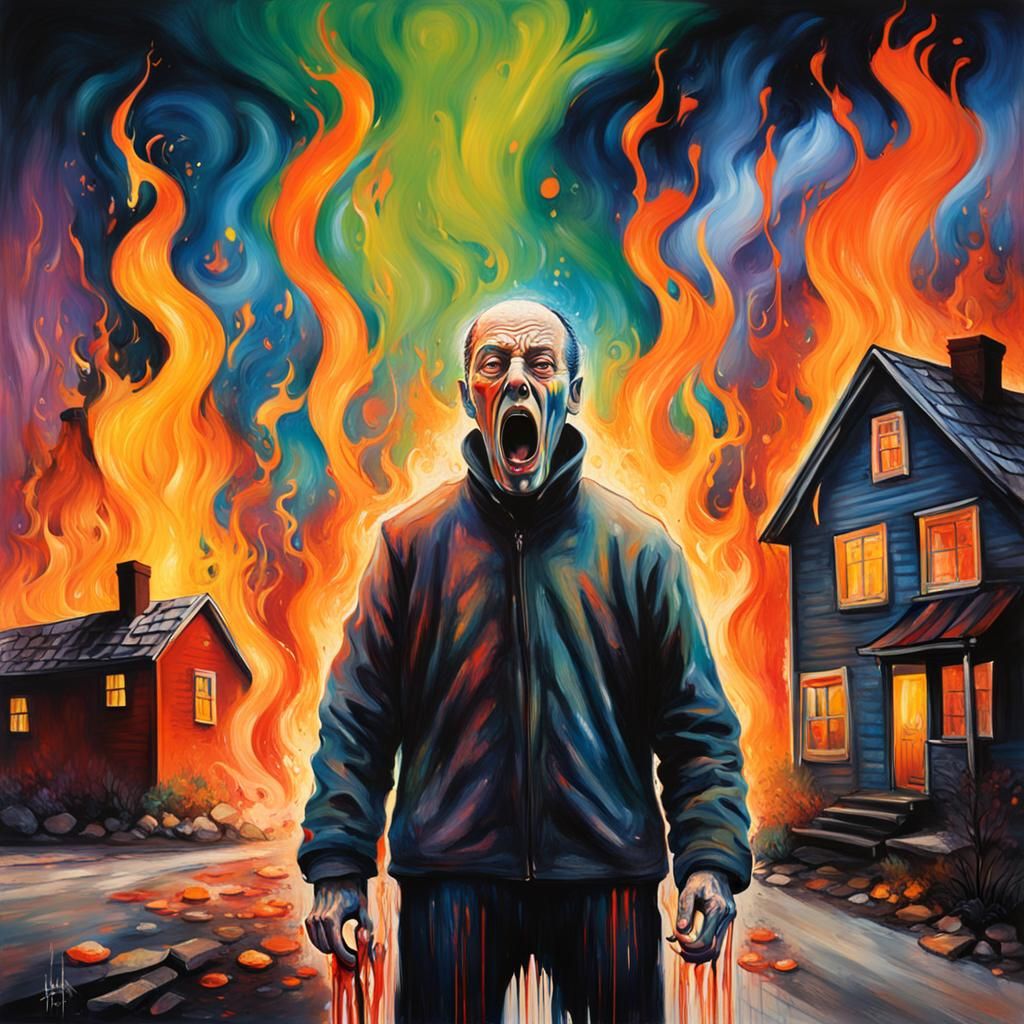 Screaming Man in Front of Burning House: Graffiti Art