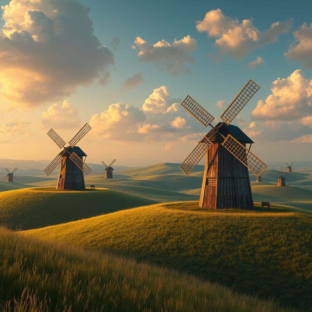 Rustic Windmills Amidst Rolling Hills in Hyperrealistic Deta...