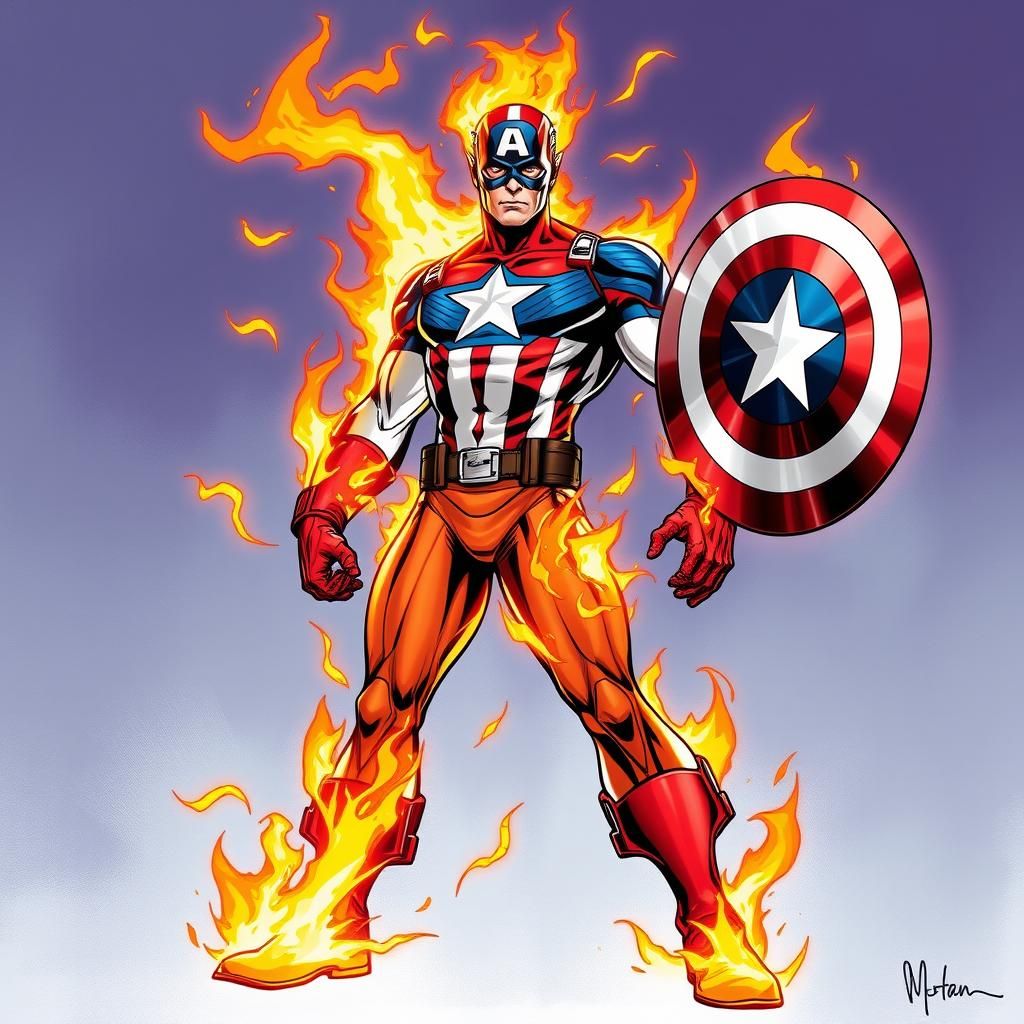 The human torch slowly transforms into Captain America