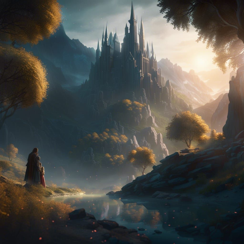 Aragorn and Arwen in Serene Fantasy Landscape