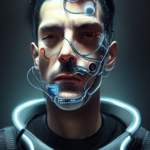 Cyberpunk Wired Man: Digital Portrait in 8K