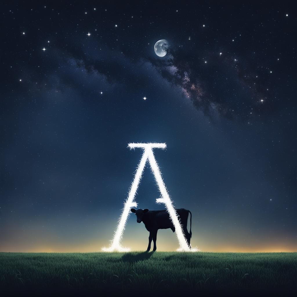 Calf Posing as Letter A in Field at Night