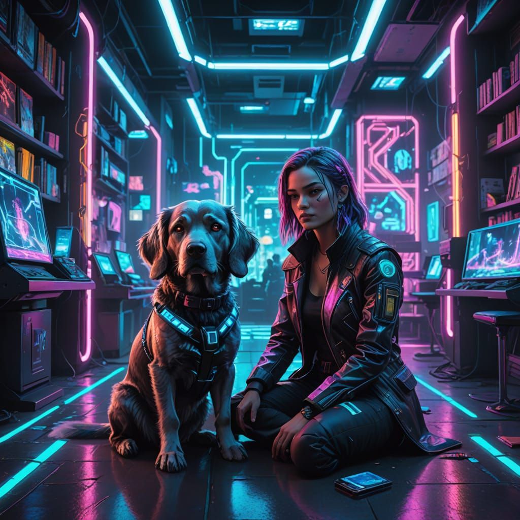 Cyberpunk Schoodle Dog in Neon Noir Style