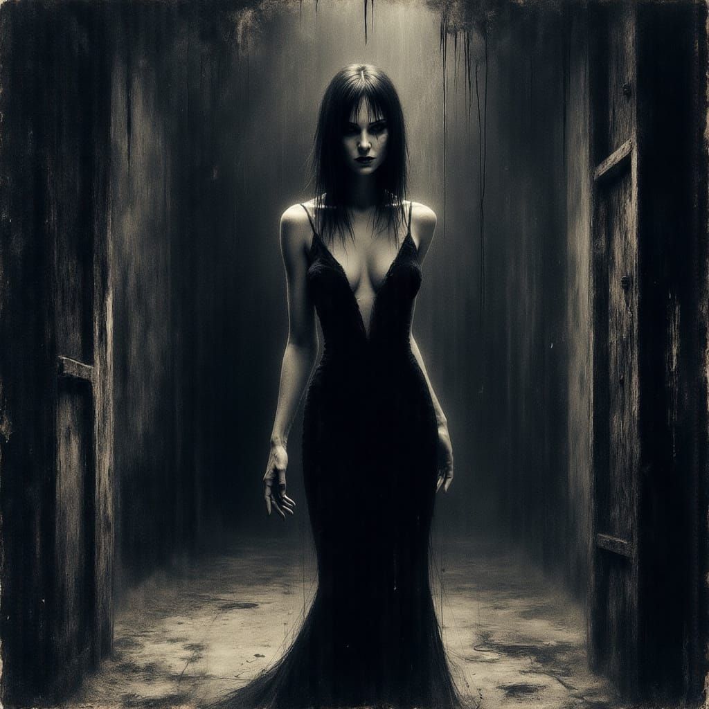 Dark Impressionistic Painting of Woman in Dungeon