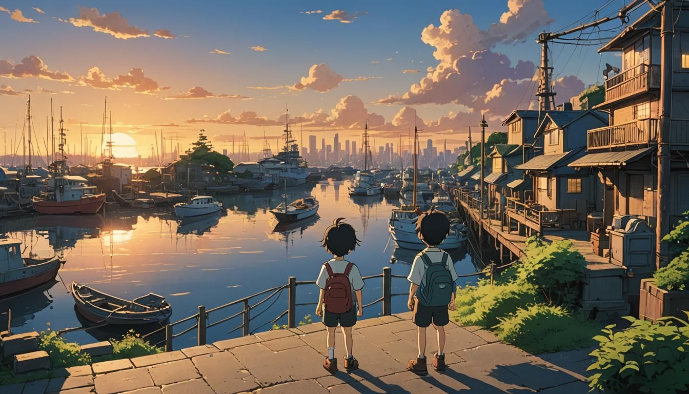 Toddler at Harbor: Studio Ghibli Anime Visual