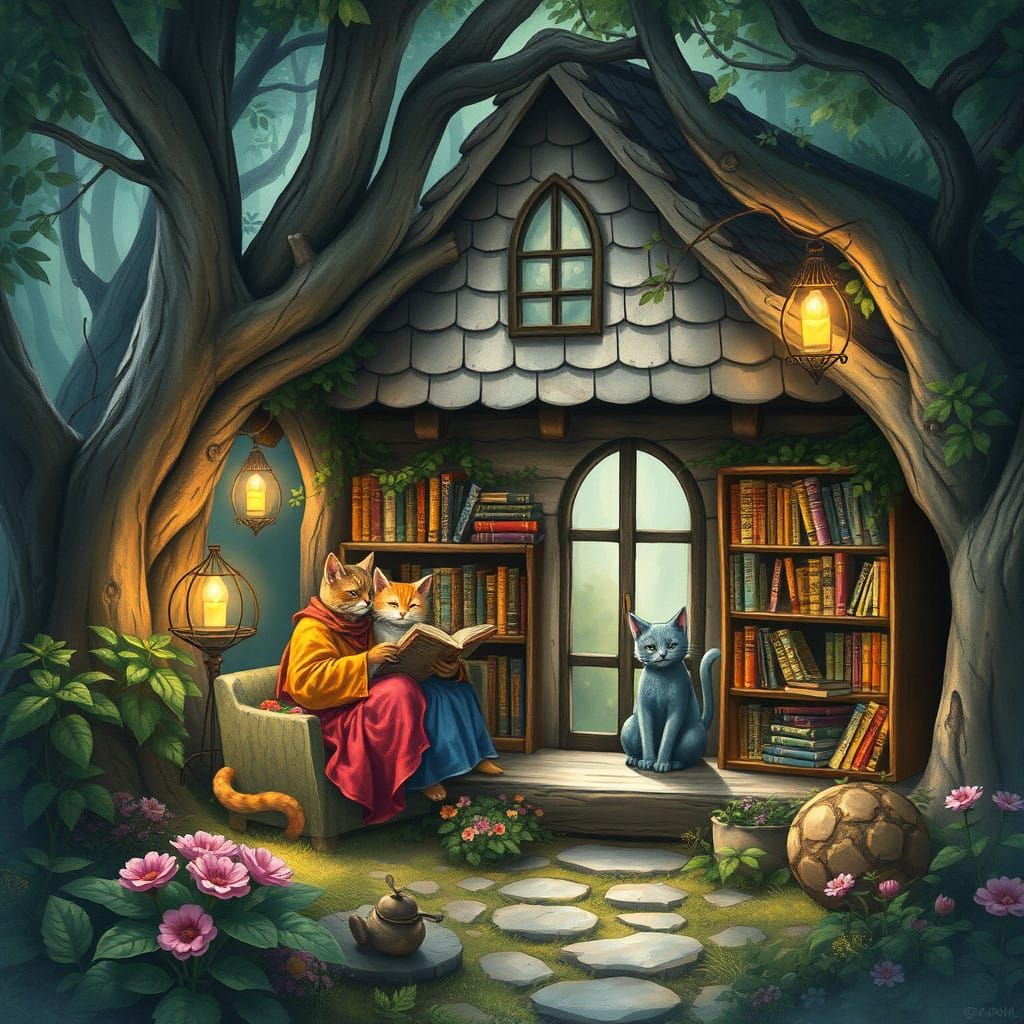 Mystical Cats' Whimsical Cottage in Ancient Forest
