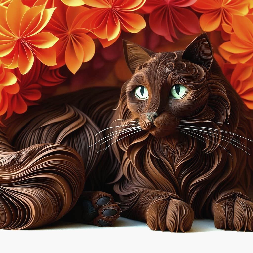Hyper-Realistic Paper Cat Sculpture in Cinematic Light